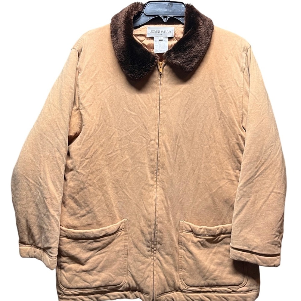 Women's Quilted Barn Jacket Faux Fur Collar Chore Pockets Tan Cotton‎